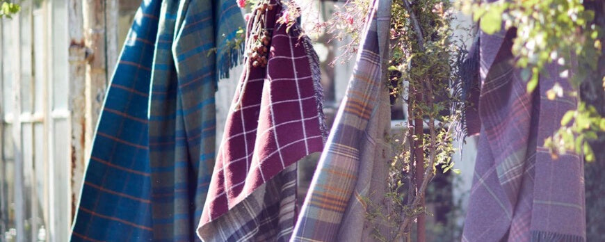Plaids écossais bleu, prune et taupe suspendus dans un jardin fleuri – Plaid Addict