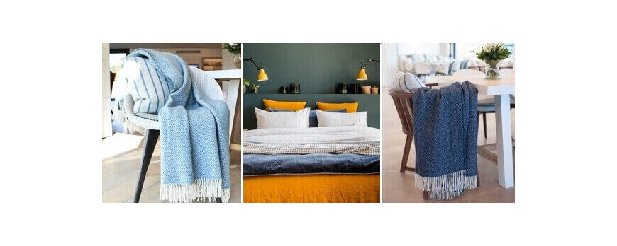 Trois ambiances déco avec plaids bleus à franges sur chaise, lit et table – Plaid Addict