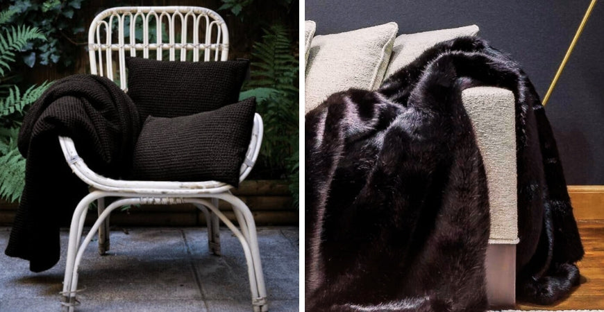 Plaid noir en maille sur fauteuil en rotin et plaid en fausse fourrure noire – Plaid Addict