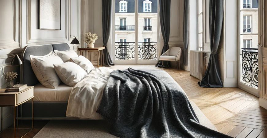 Plaid gris anthracite déployé sur un lit dans une chambre haussmannienne – Plaid Addict