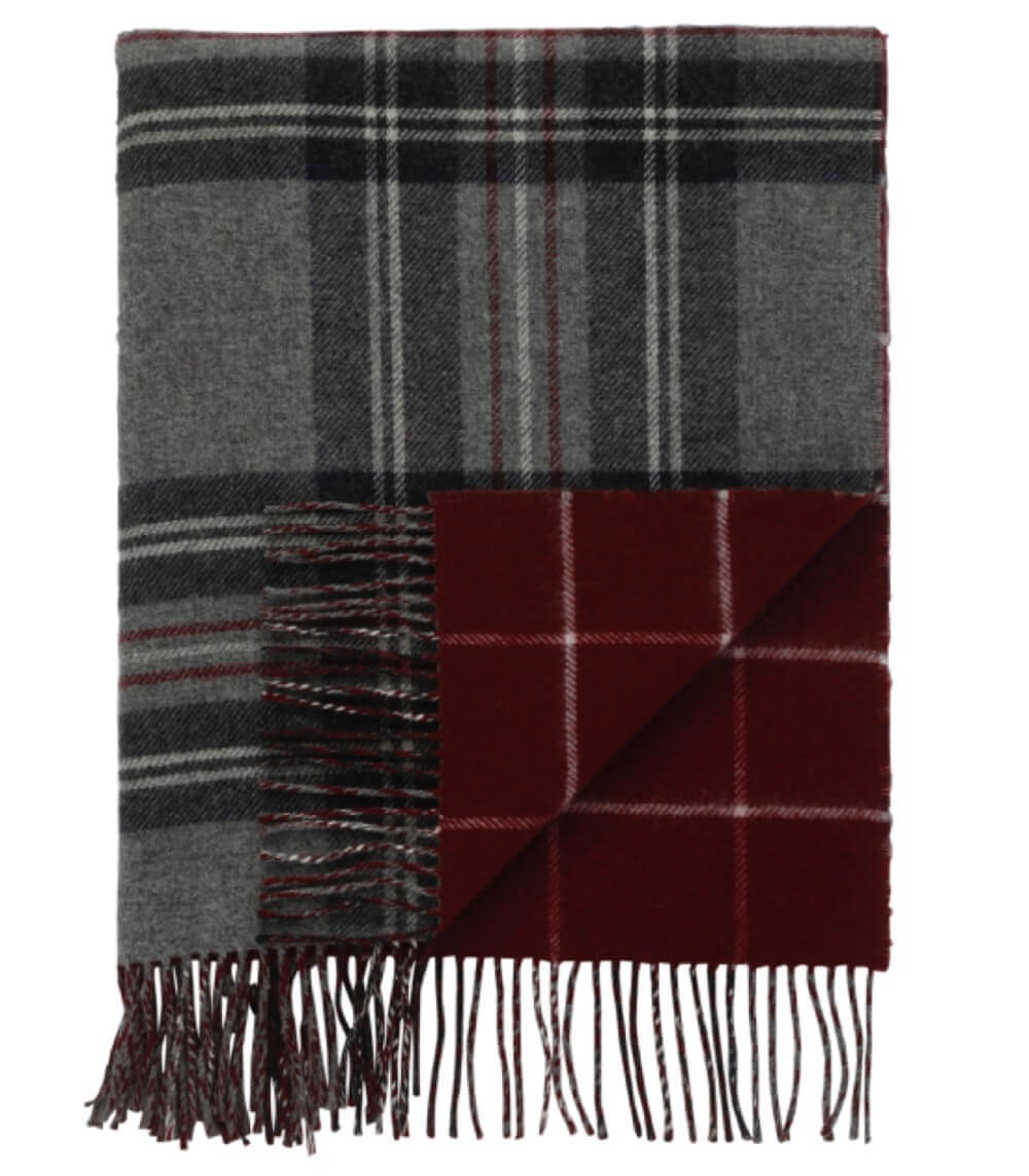 Plaid Laine Écossais Réversible Luxe Gris et Bordeaux 140 x 190 cm, Johnstons of Elgin, tissé en Écosse