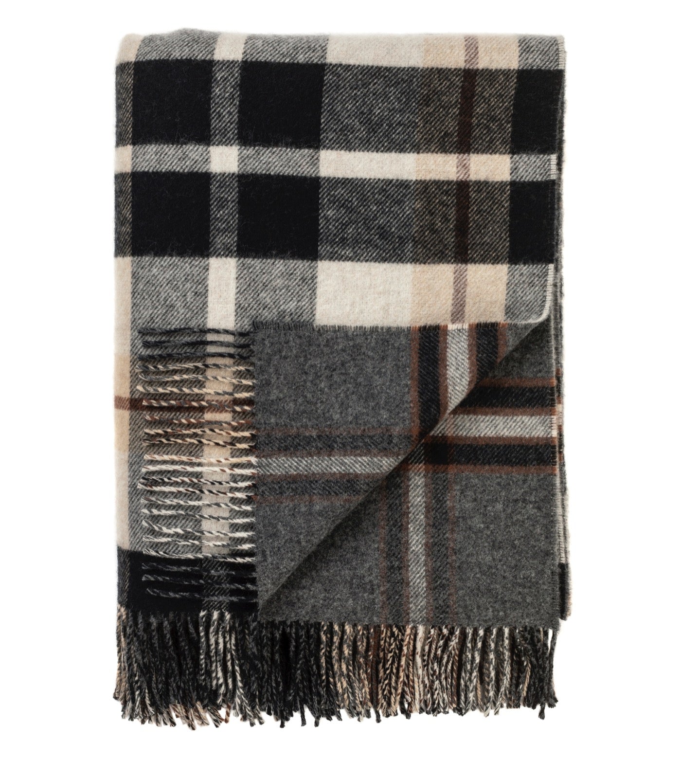 Plaid Laine Écossais Réversible Luxe Noir et Beige 140 x 190 cm, Johnstons of Elgin, tissé en Écosse