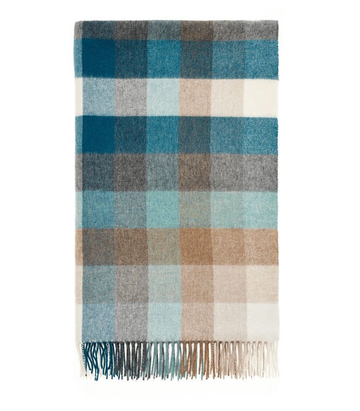 Plaid Laine Mérinos Carreaux Bleu 140 x185 cm, B at Home, tissé en Angleterre