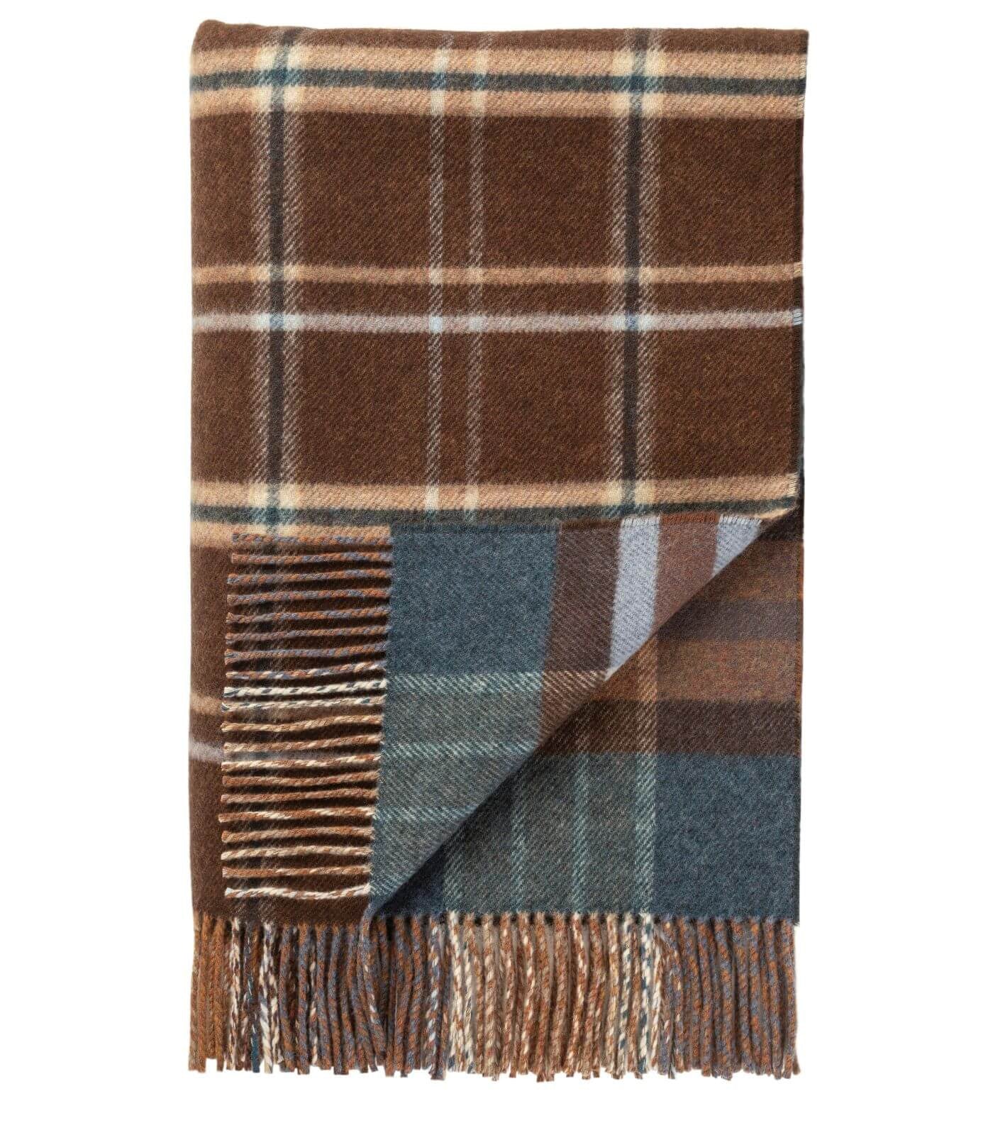 Plaid Laine Écossais Réversible Luxe Brun et Bleu 140 x 190 cm, Johnstons of Elgin, tissé en Écosse