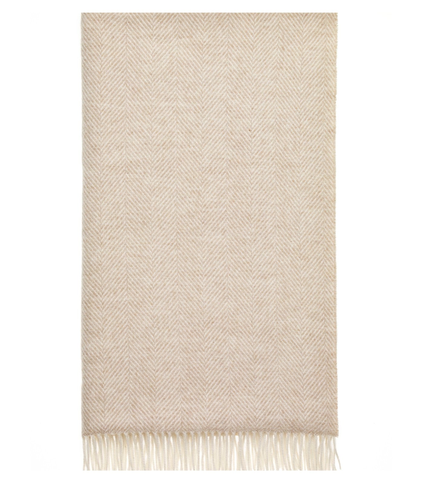 Plaid Laine Mérinos Chevrons Beige - format 140 X 185 cm drapé sur canapé