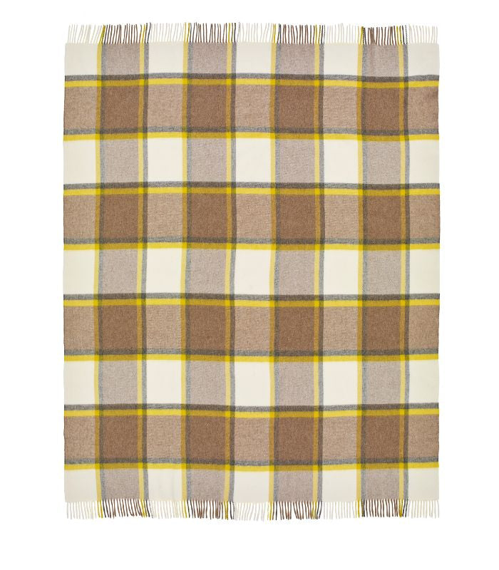 Plaid Laine Mérinos Ecossais Jaune et Gris - 140 x185 cm, B at Home, gros plan sur la matière