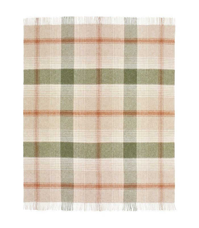 Plaid en laine 100 % anglaise à plat – motif écossais vert et orange sur fond beige