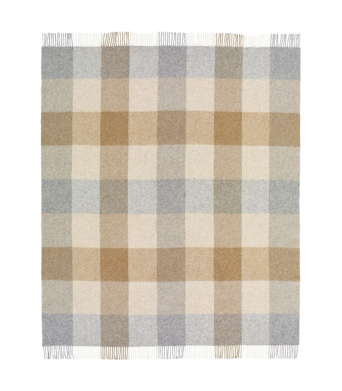 Plaid en laine 100 % anglaise à plat – motif à carreaux naturels beige, gris et brun