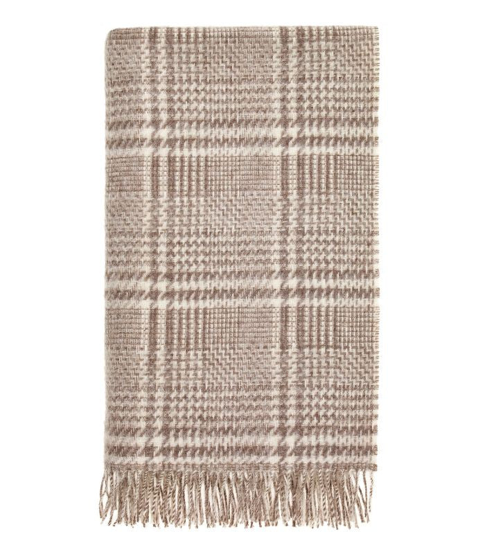 Plaid Pure Laine Anglaise Glen Check Brun et Ecru 140 x 185 cm, B at Home, tissé en Angleterre