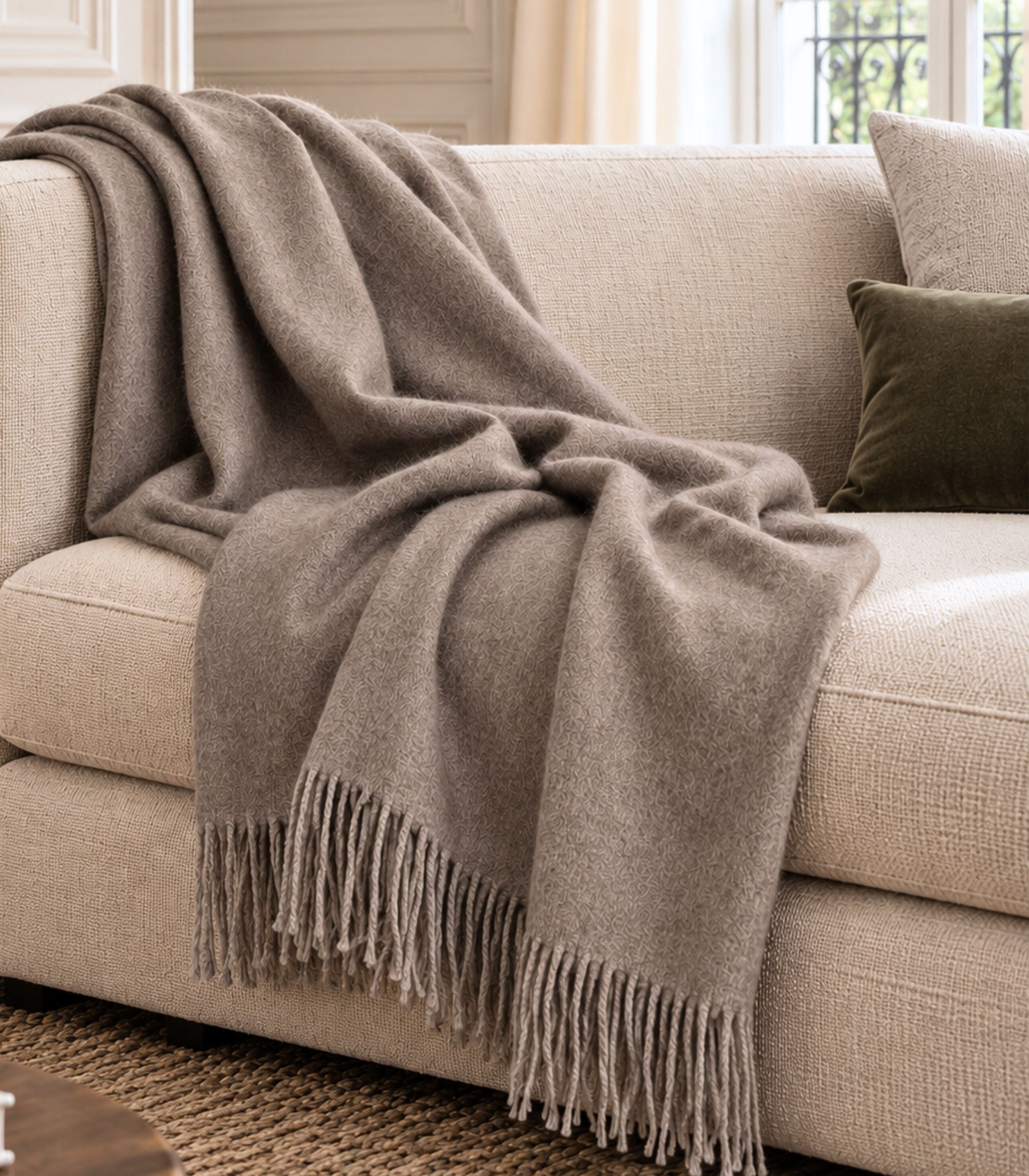 plaid en alpaga taupe déplié sur canapé