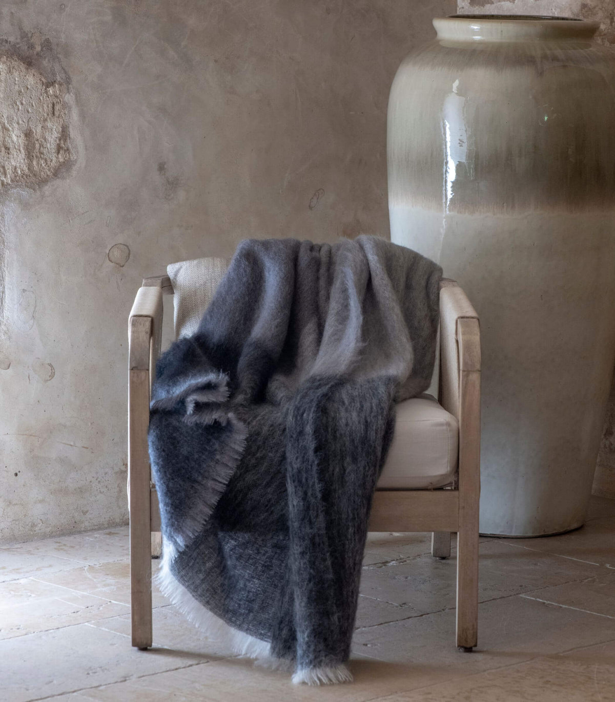 Plaid 100% Mohair à Grands Carreaux Gris 140 x 180 cm