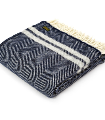 Plaid Pure Laine Chevrons Marine Rayures Grises