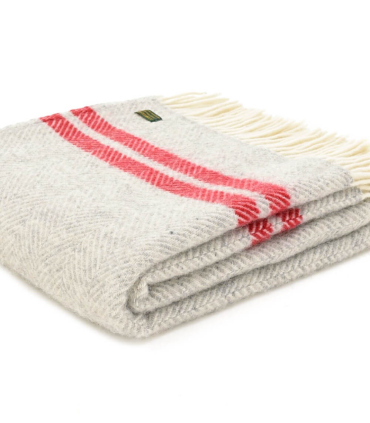Plaid Pure Laine Chevrons Gris Rayures Rouges