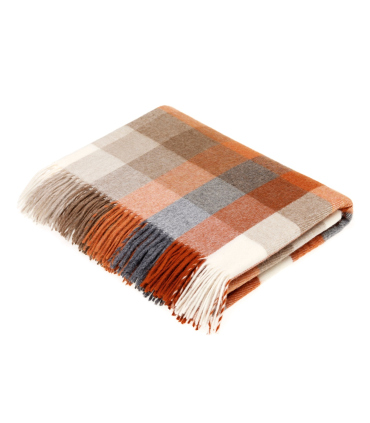 Plaid Laine Mérinos Carreaux Orange 140 X185 cm