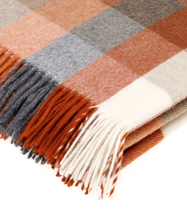 Plaid Laine Mérinos Carreaux Orange 140 X185 cm