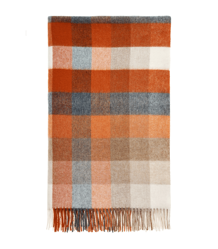 Plaid Laine Mérinos Carreaux Orange 140 X185 cm