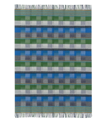 Plaid en laine Tasara Bleu et Vert présenté à plat pour visualisation complète du dessin original