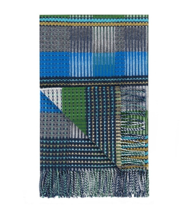 Plaid en laine Tasara présenté plié à plat - Coloris Bleu et Vert