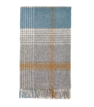 Plaid écossais en laine anglaise plié – motif gris, bleu et orange – tissu haut de gamme tissé en Angleterre