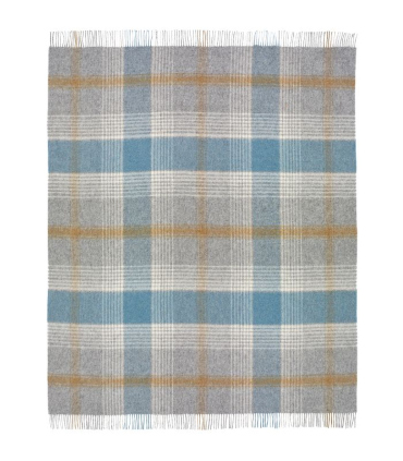 Plaid en laine 100 % anglaise à plat – motif écossais bleu et orange sur fond gris – finition haut de gamme