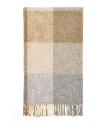 Plaid laine anglaise plié – carreaux gris et brun sur fond beige – style naturel et raffiné