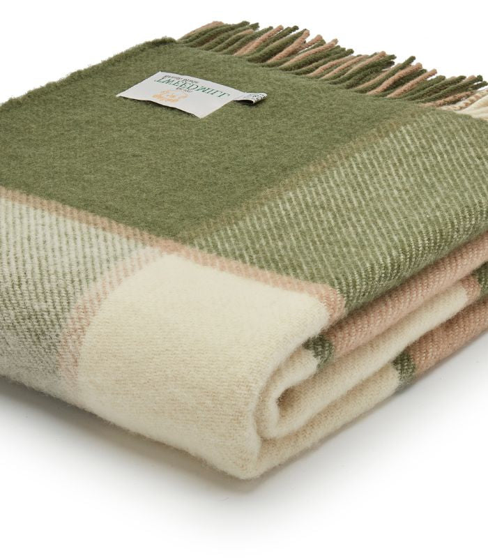 Plaid Laine Carreaux Vert et Beige 150 x 183 cm, The Mill, tissé en Angleterre