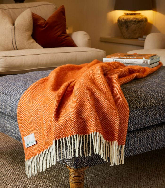 Plaid Laine Chevrons Orange 150 x 183 cm, The Mill, tissé en Angleterre