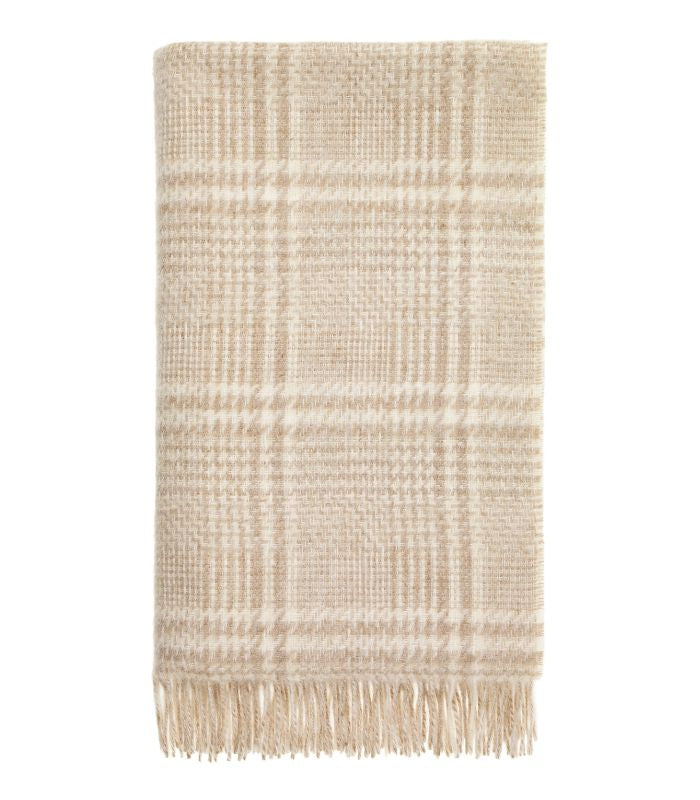 Plaid Pure Laine Anglaise Glen Check Beige et Ecru 140 x 185 cm, B at Home, tissé en Angleterre