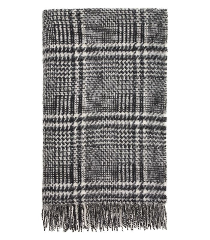 Plaid Pure Laine Anglaise Glen Check Noir et Ecru 140 x 185 cm, B at Home, tissé en Angleterre