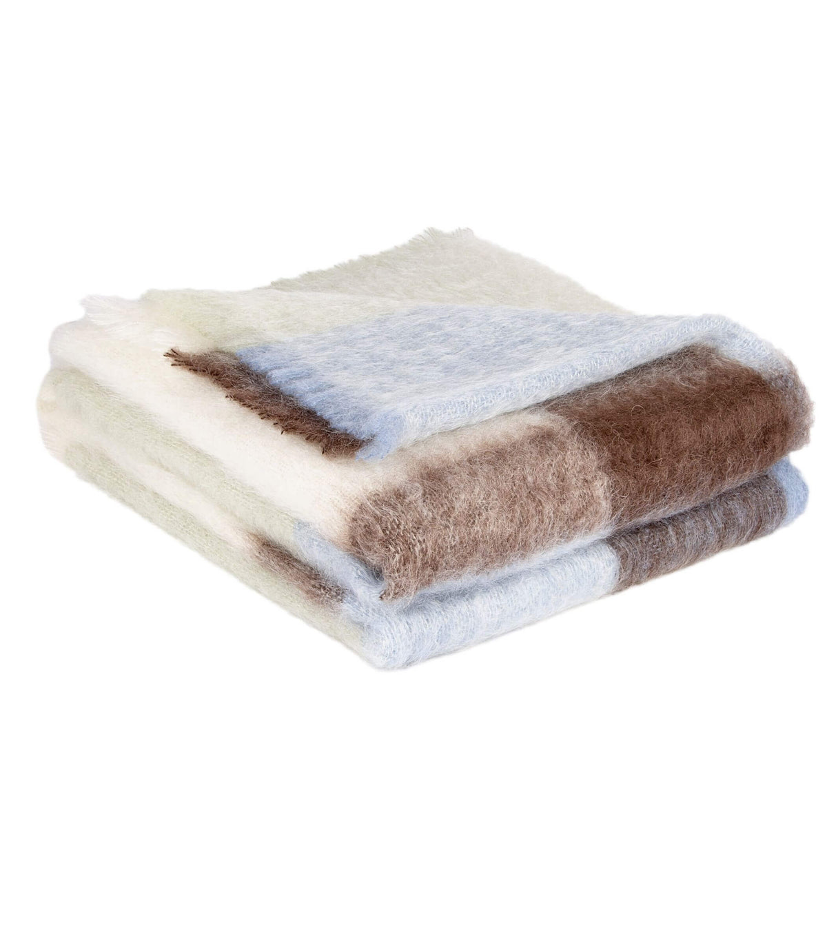 Plaid 100% mohair à carreaux blanc brun et bleu clair