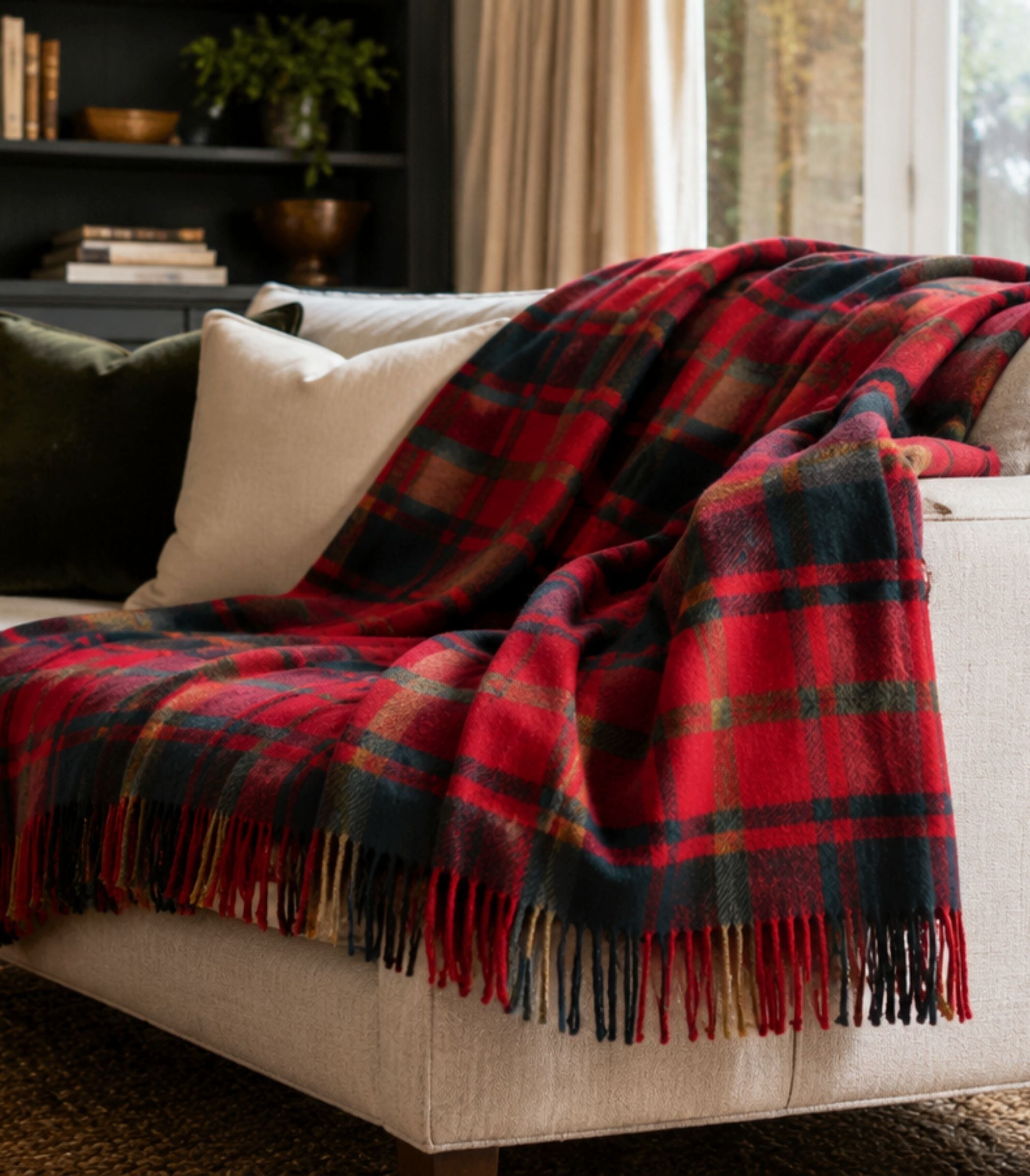 plaid écossais tartan dark maple rouge et vert sur canapé